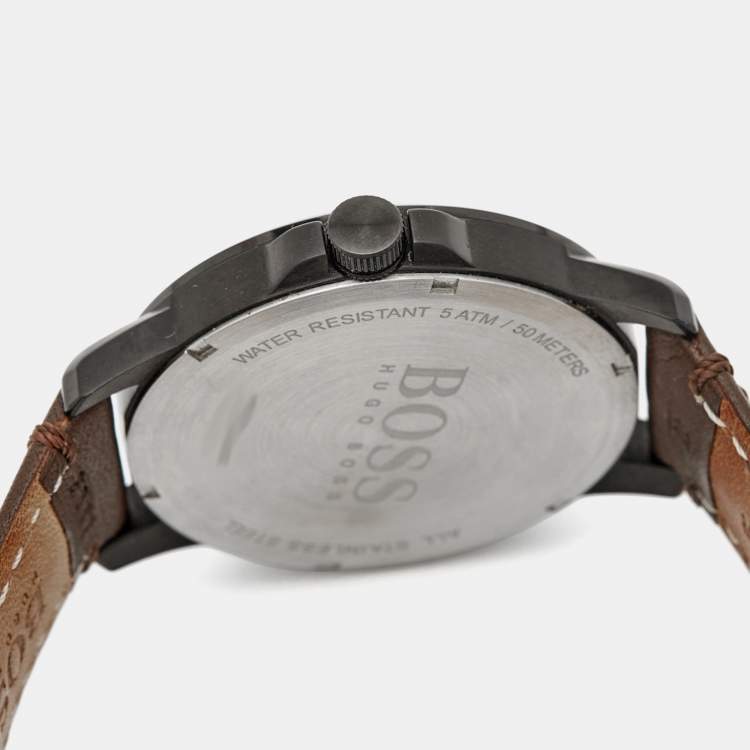 Pre Owned Boss By Hugo Boss Black Ion Plated Stainless Steel Leather Orange 1550062 Men's Wristwatch 42 mm