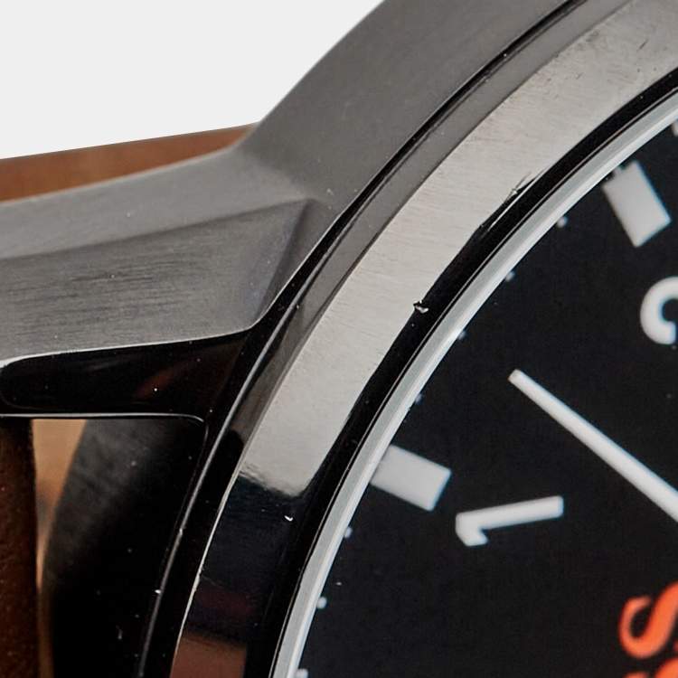 Pre Owned Boss By Hugo Boss Black Ion Plated Stainless Steel Leather Orange 1550062 Men's Wristwatch 42 mm