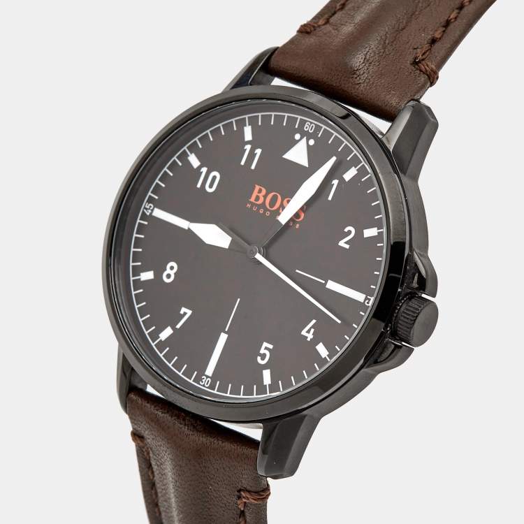 Pre Owned Boss By Hugo Boss Black Ion Plated Stainless Steel Leather Orange 1550062 Men's Wristwatch 42 mm