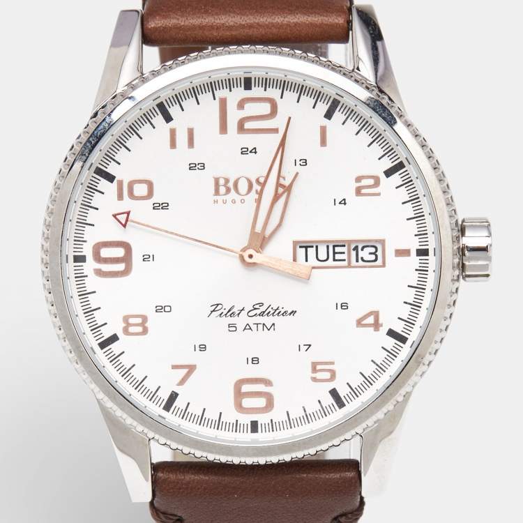Pre Owned Boss By Hugo Boss Silver Stinless Steel Leather Pilot Edition HB.279.1.14.2872 Men's Wristwatch 44 mm