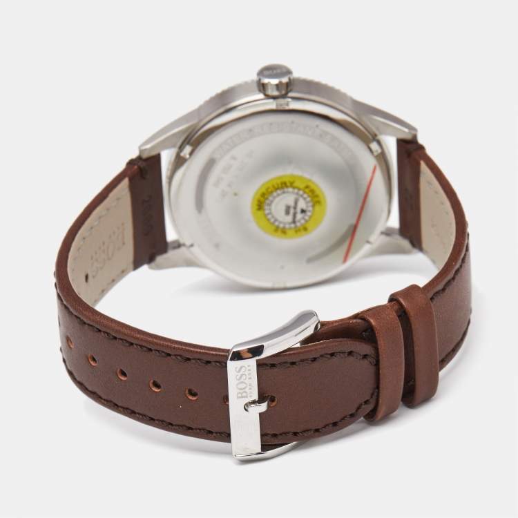 Pre Owned Boss By Hugo Boss Silver Stinless Steel Leather Pilot Edition HB.279.1.14.2872 Men's Wristwatch 44 mm