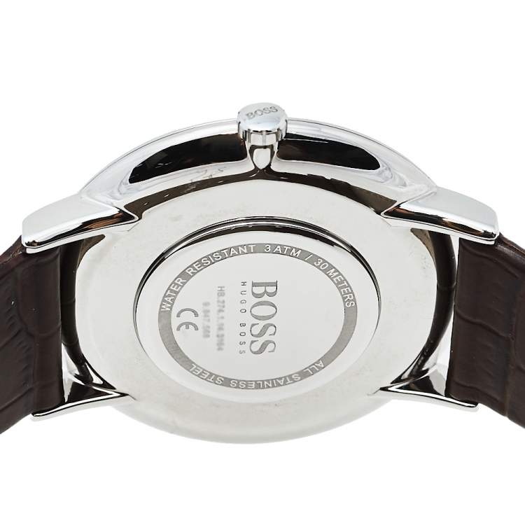 Pre Owned Hugo Boss White Stainless Steel Leather HB.274.1.14.3164 Quartz Men's Wristwatch 40 mm