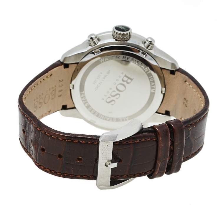 Pre Owned Hugo Boss Silver Stainless Steel Leather 1512739 Men's Wristwatch 44 mm 