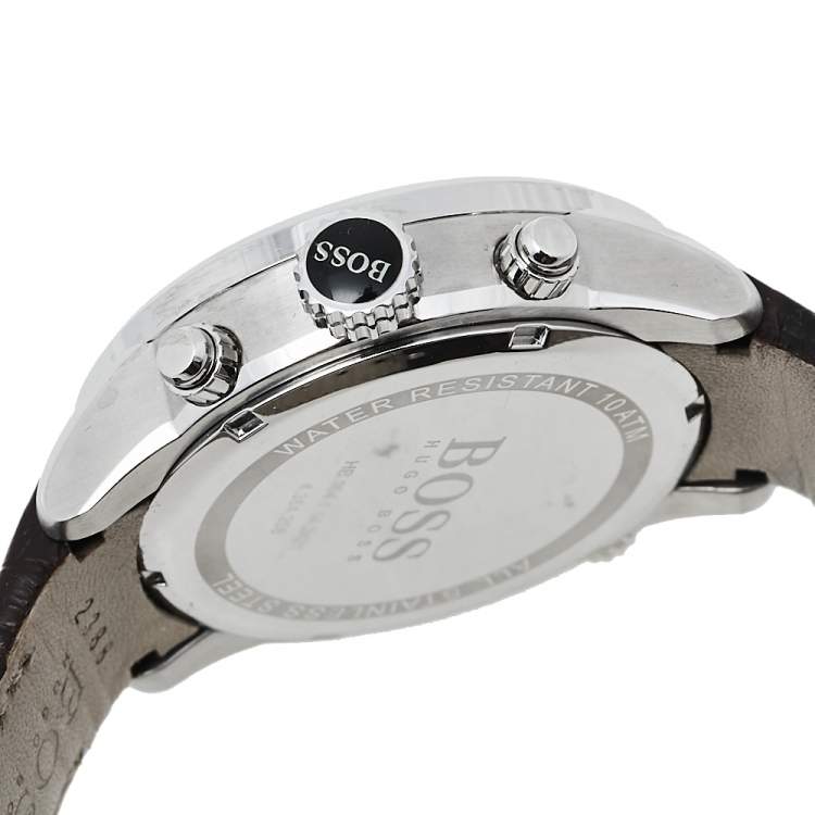 Pre Owned Hugo Boss Silver Stainless Steel Leather 1512739 Men's Wristwatch 44 mm 