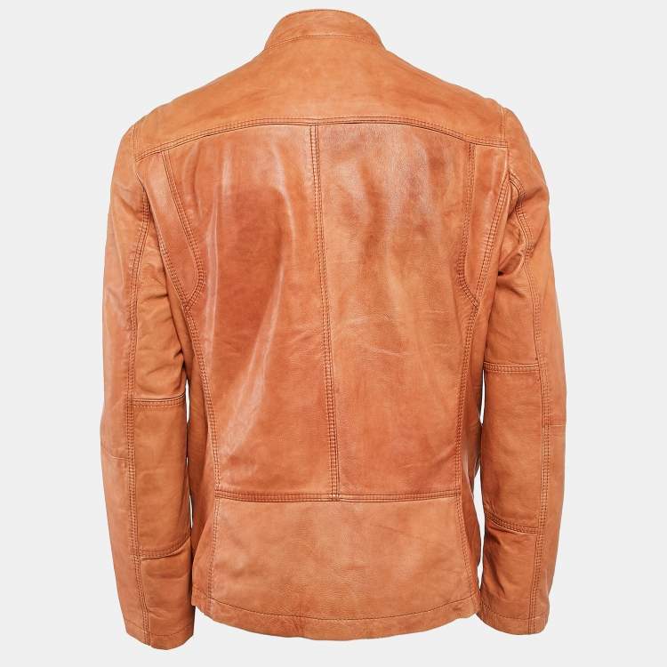 Pre Owned Boss Orange by Hugo Boss Brown Leather Zip-Up Jacket L
