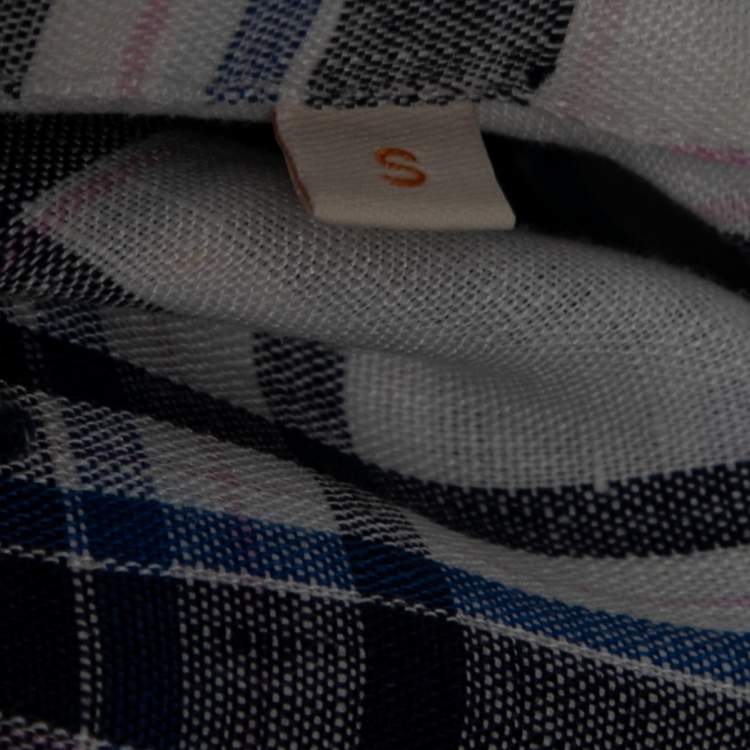 Pre Owned Boss Orange by Hugo Boss White and Blue Check Print Linen Short Sleeves Shirt S
