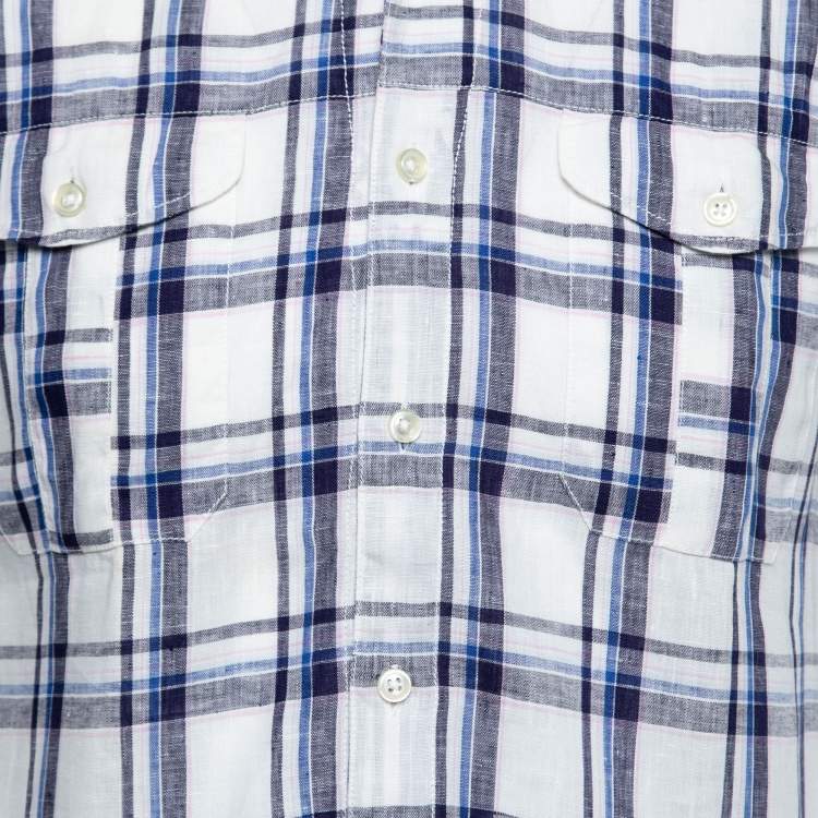 Pre Owned Boss Orange by Hugo Boss White and Blue Check Print Linen Short Sleeves Shirt S