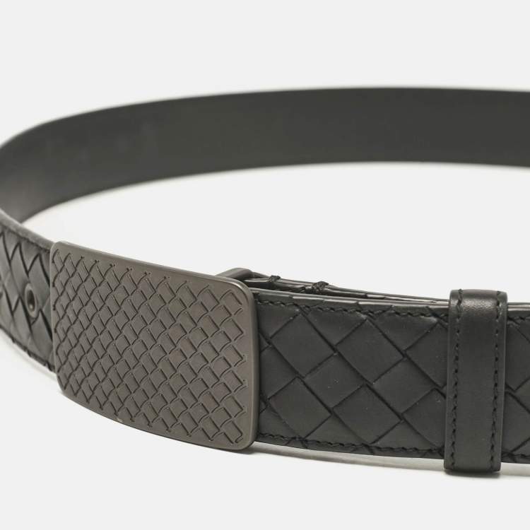 Pre Owned Bottega Veneta Black Intreciato Leather Plaque Buckle Belt 105CM