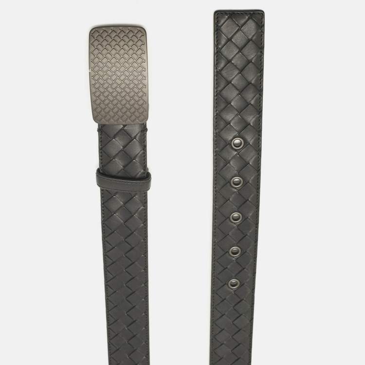 Pre Owned Bottega Veneta Black Intreciato Leather Plaque Buckle Belt 105CM