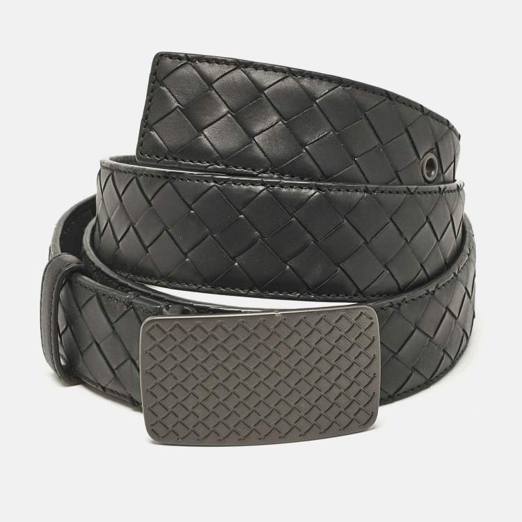 Pre Owned Bottega Veneta Black Intreciato Leather Plaque Buckle Belt 105CM