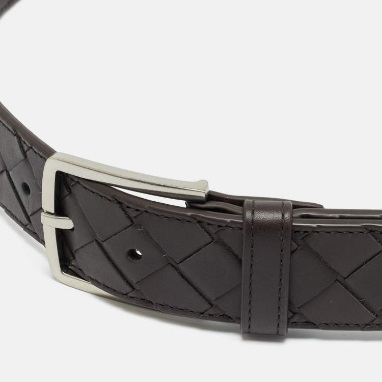 Pre Owned Bottega Veneta 100 CM Buckle Belt Brown Intrecciato Leather