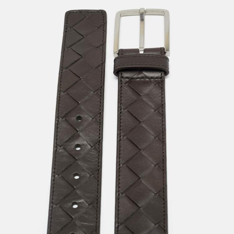 Pre Owned Bottega Veneta 100 CM Buckle Belt Brown Intrecciato Leather
