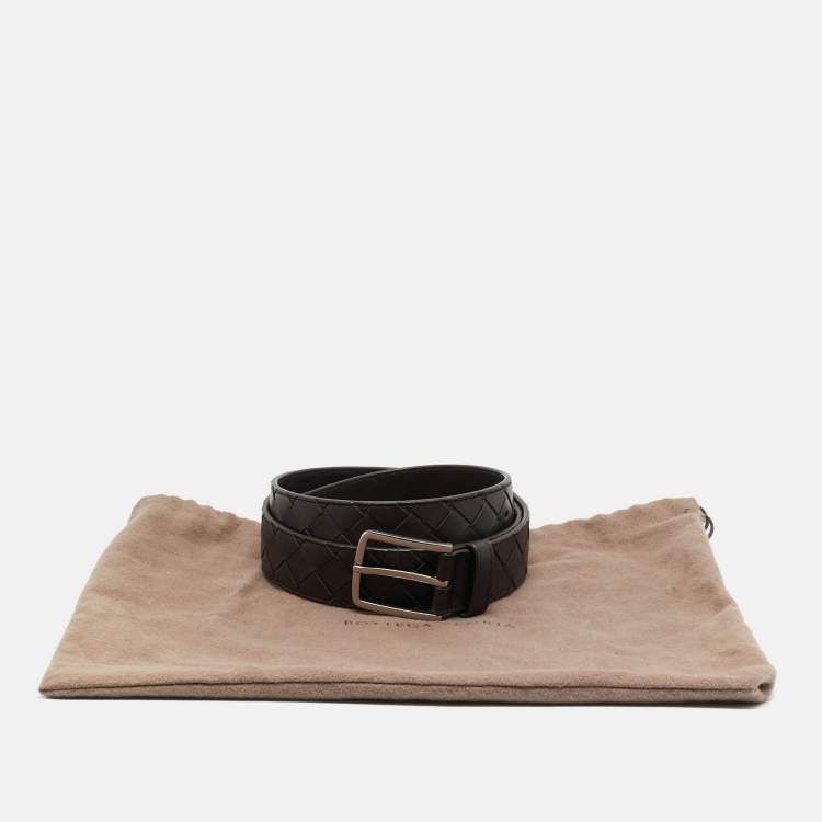 Pre Owned Bottega Veneta 100 CM Buckle Belt Brown Intrecciato Leather