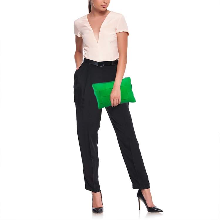 Pre Owned Bottega Veneta Green Maxi Intrecciato Rubber Pouch
