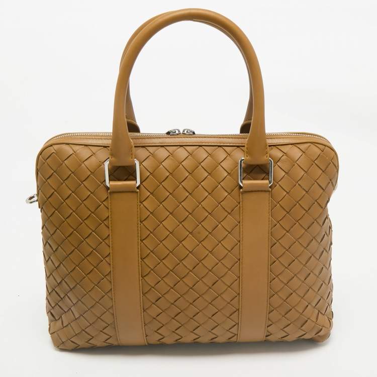 Pre Owned Bottega Veneta Tan Intrecciato Leather Briefcase