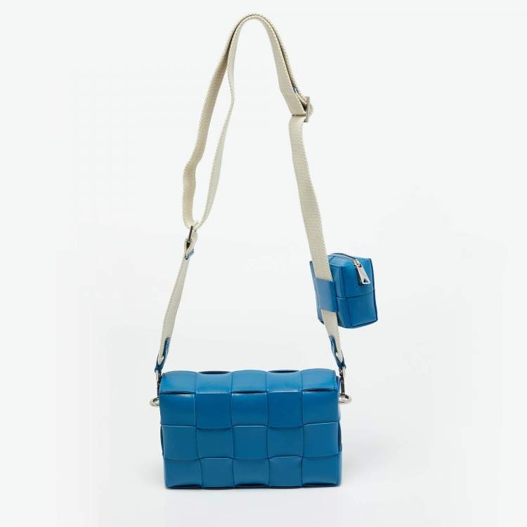 Pre Owned Bottega Veneta Blue Intreccio Leather Medium Cassette Crossbody Bag