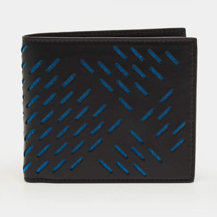 مملوكة مسبقًا Bottega Veneta Black/Blue Perforated Leather Bifold Wallet