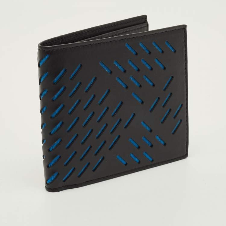 مملوكة مسبقًا Bottega Veneta Black/Blue Perforated Leather Bifold Wallet