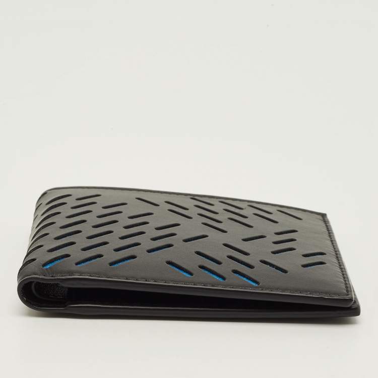 مملوكة مسبقًا Bottega Veneta Black/Blue Perforated Leather Bifold Wallet