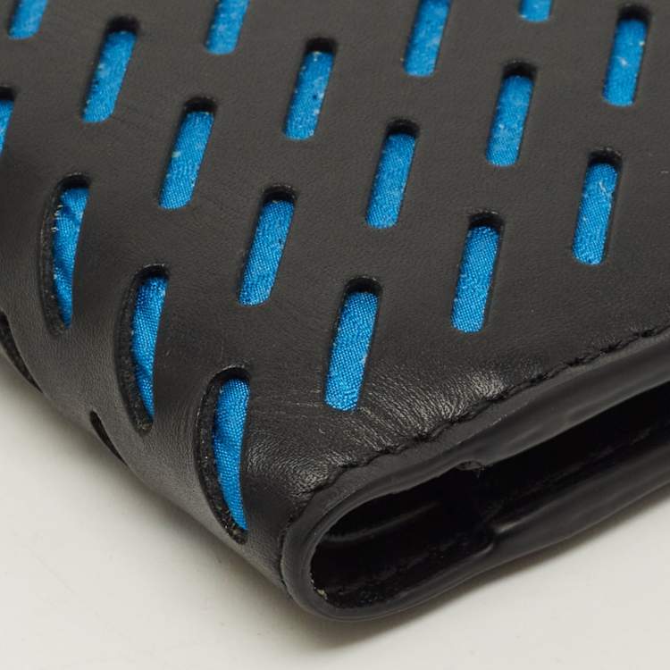مملوكة مسبقًا Bottega Veneta Black/Blue Perforated Leather Bifold Wallet