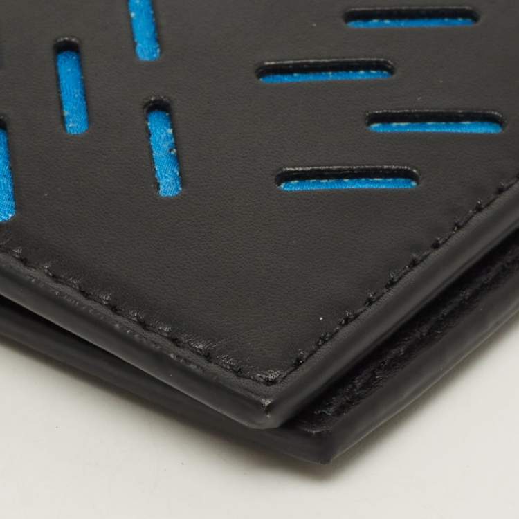 مملوكة مسبقًا Bottega Veneta Black/Blue Perforated Leather Bifold Wallet