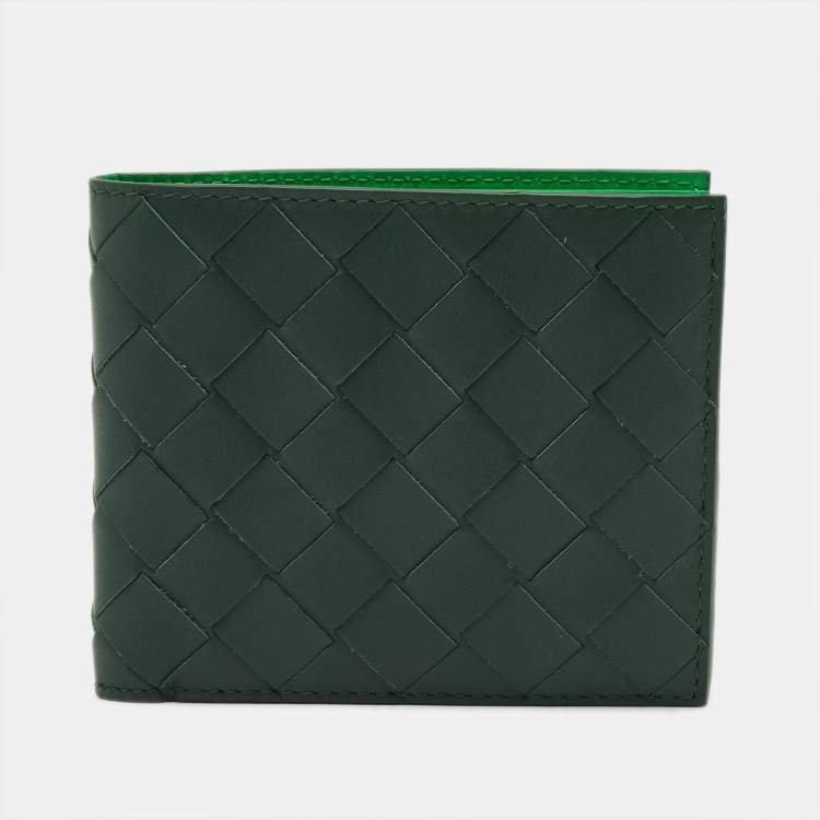 Pre Owned Bottega Veneta Dark Green Intrecciato Leather Bifold Wallet