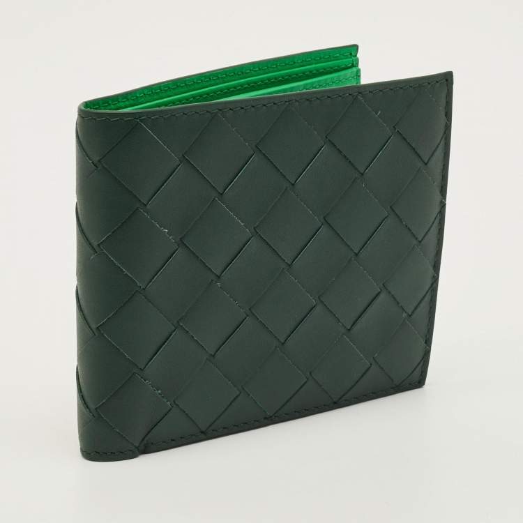 Pre Owned Bottega Veneta Dark Green Intrecciato Leather Bifold Wallet
