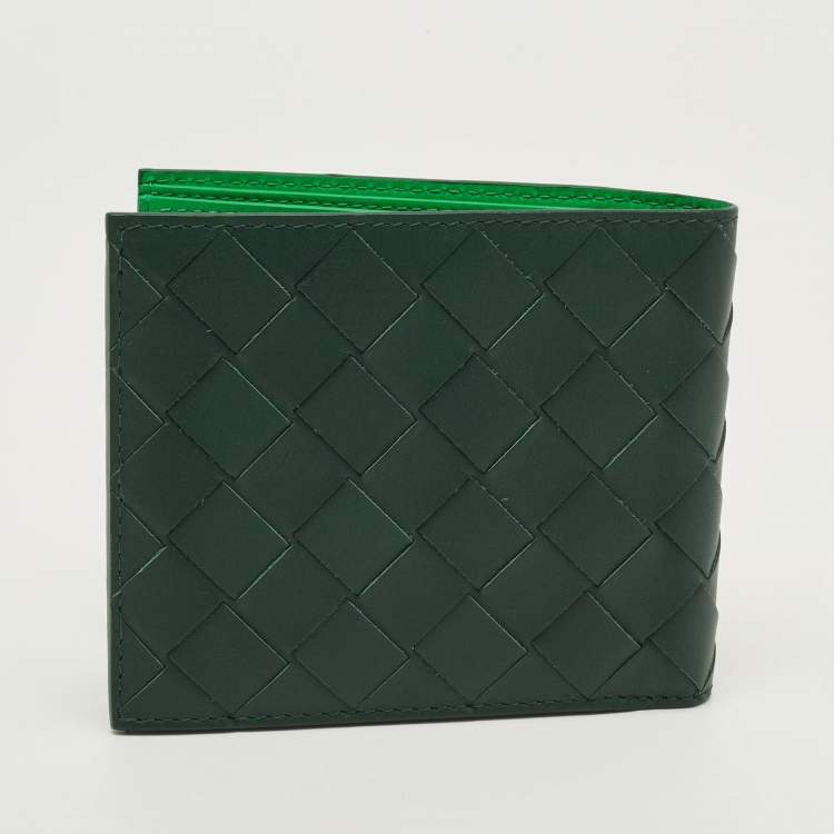 Pre Owned Bottega Veneta Dark Green Intrecciato Leather Bifold Wallet