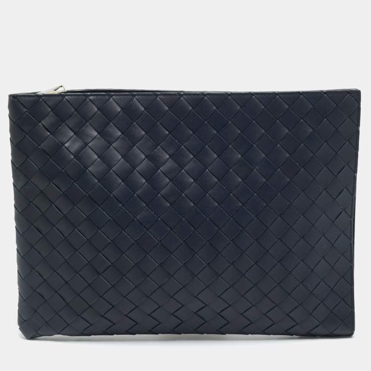 Pre Owned Bottega Veneta Navy Blue Intrecciato Leather Zip Around Pouch