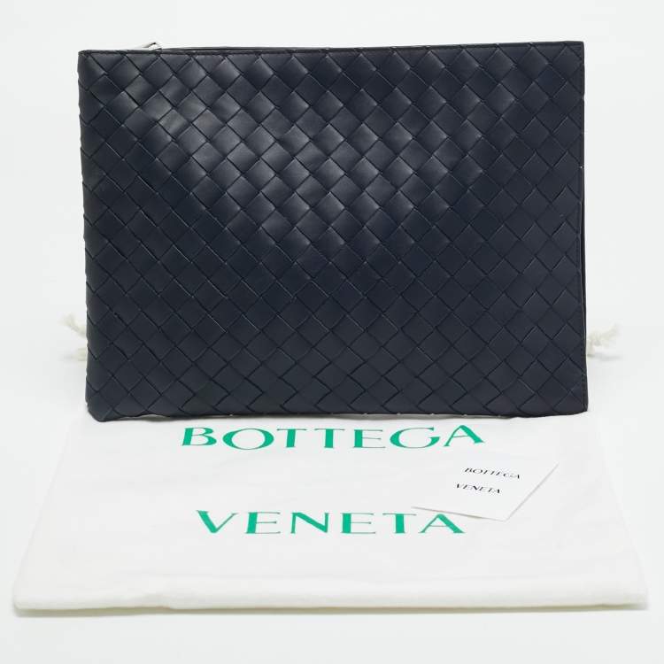 Pre Owned Bottega Veneta Navy Blue Intrecciato Leather Zip Around Pouch