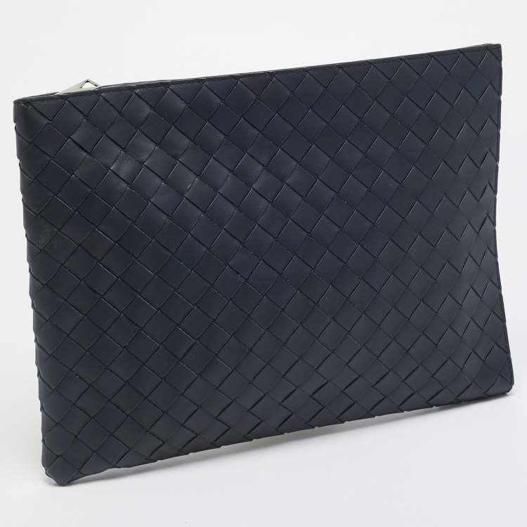 Pre Owned Bottega Veneta Navy Blue Intrecciato Leather Zip Around Pouch