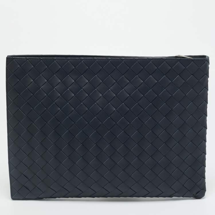 Pre Owned Bottega Veneta Navy Blue Intrecciato Leather Zip Around Pouch