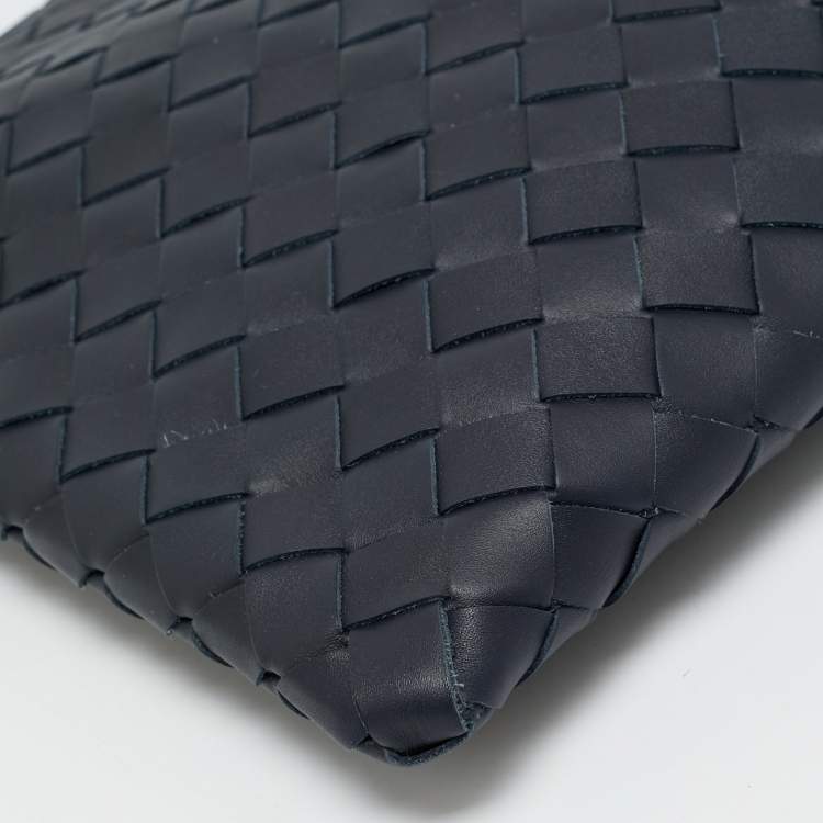 Pre Owned Bottega Veneta Navy Blue Intrecciato Leather Zip Around Pouch