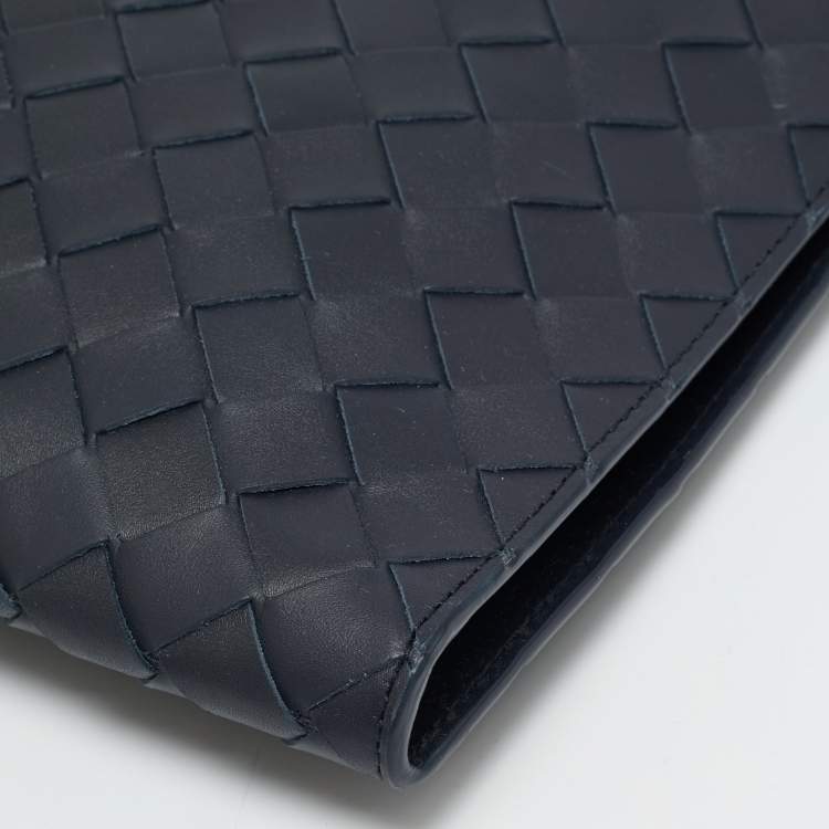 Pre Owned Bottega Veneta Navy Blue Intrecciato Leather Zip Around Pouch