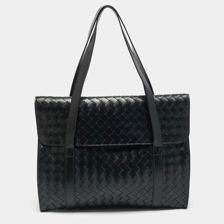 Pre Owned Bottega Veneta Classic Portfolio Black Intrecciato Leather Bag