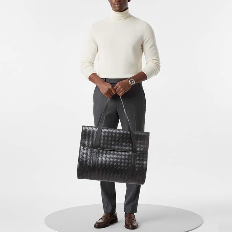 Pre Owned Bottega Veneta Classic Portfolio Black Intrecciato Leather Bag