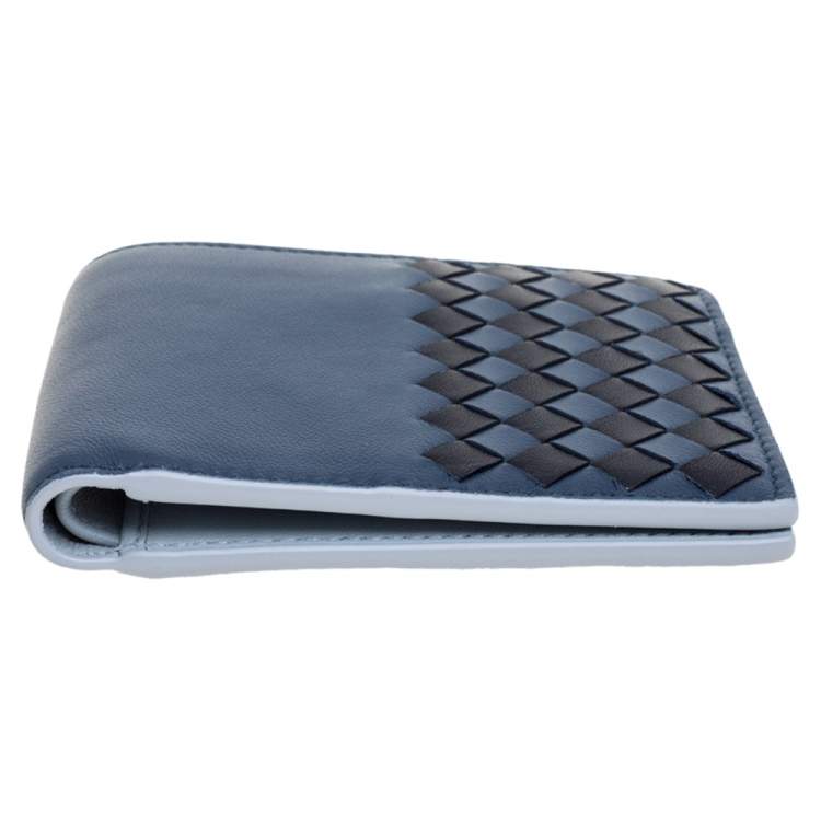 Pre Owned Bottega Veneta Blue/Black Intrecciato Leather Bifold Wallet