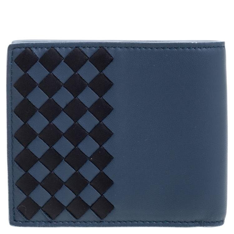 Pre Owned Bottega Veneta Blue/Black Intrecciato Leather Bifold Wallet