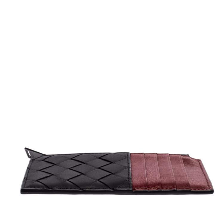 Pre Owned Bottega Veneta Navy Blue/Red Intrecciato Leather Zip Card Holder
