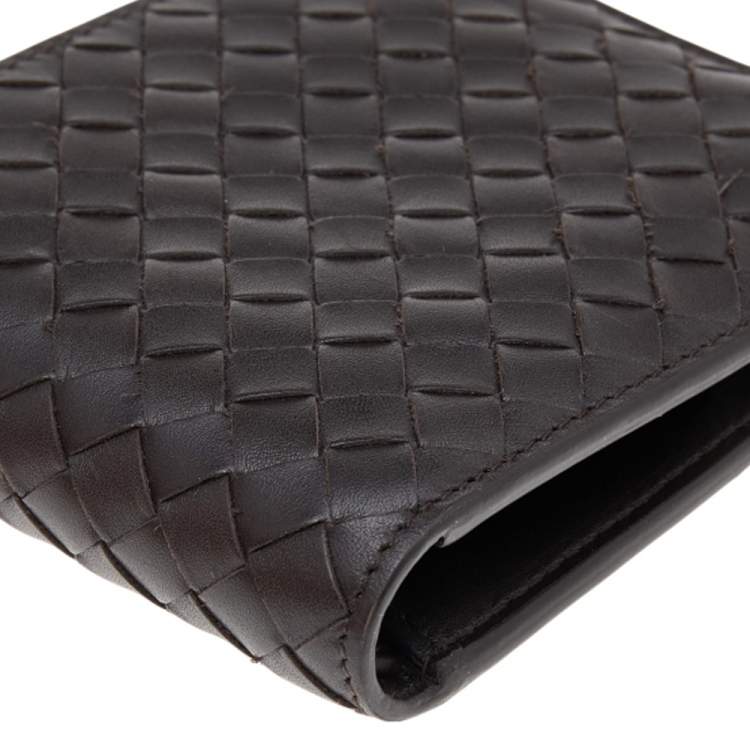 Pre Owned Bottega Veneta Dark Brown Intrecciato Leather Bifold Wallet