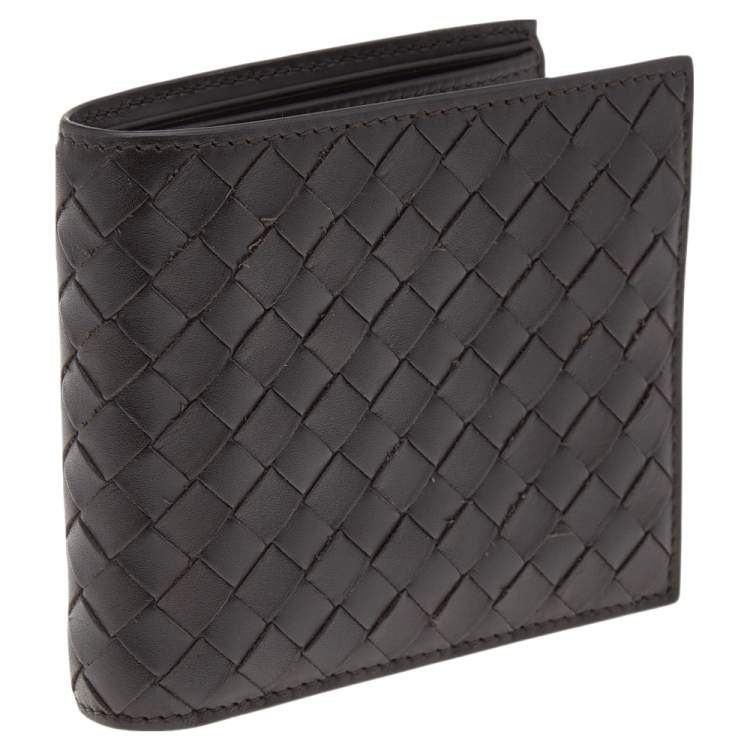 Pre Owned Bottega Veneta Dark Brown Intrecciato Leather Bifold Wallet