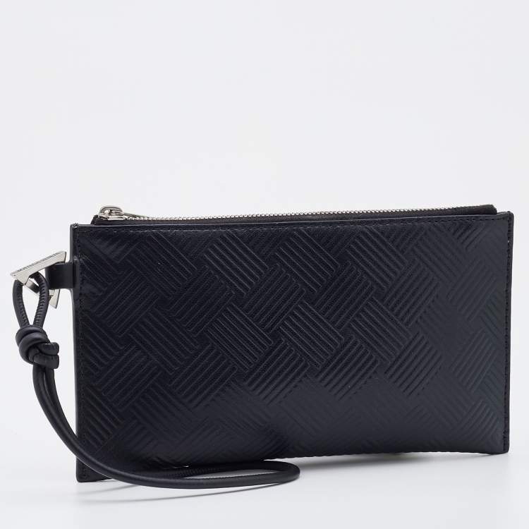 Pre Owned Bottega Veneta Black Debossed Intrecciato Leather Wristlet Clutch