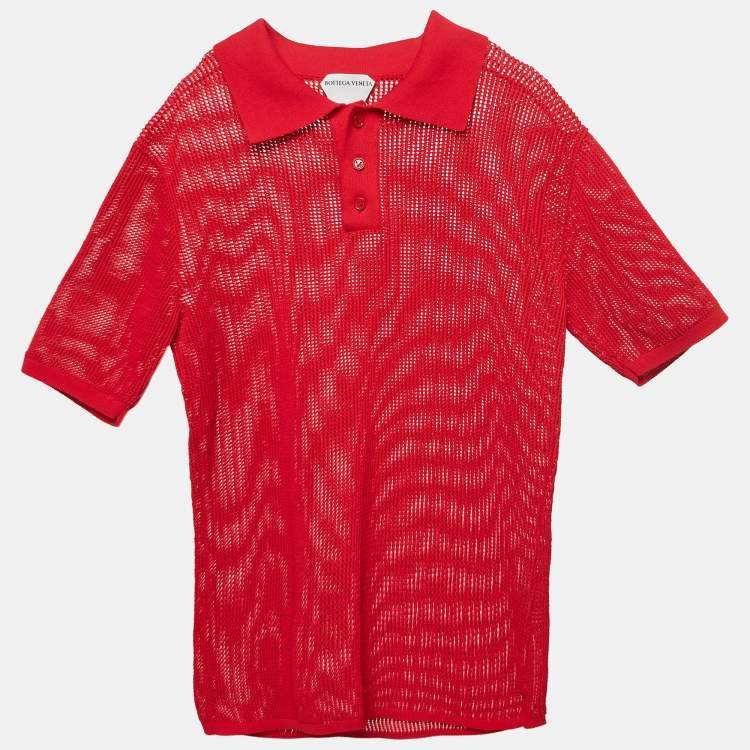 Pre Owned Bottega Veneta Red Patterned Knit Polo T-shirt M 