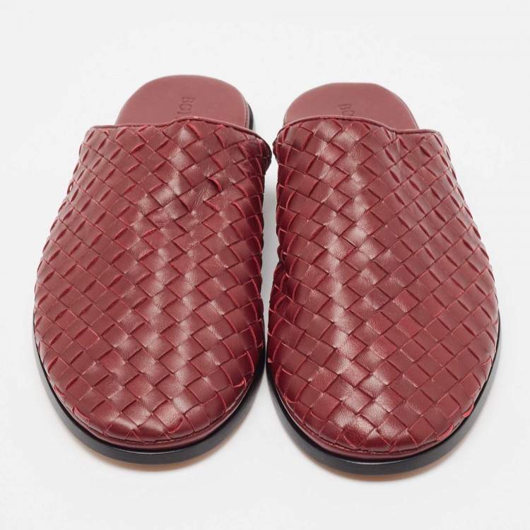 Pre Owned Bottega Veneta Burgundy Intrecciato Leather Flat Mules Size 41