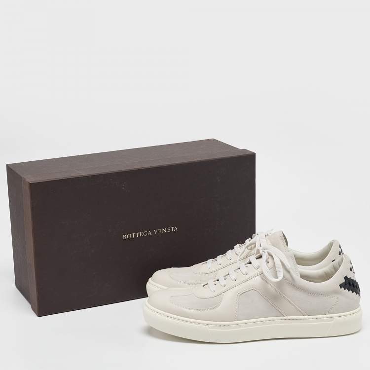 Pre Owned Bottega Veneta Grey/Black Leather and Suede Intrecciato Lace Up Sneakers Size 42.5