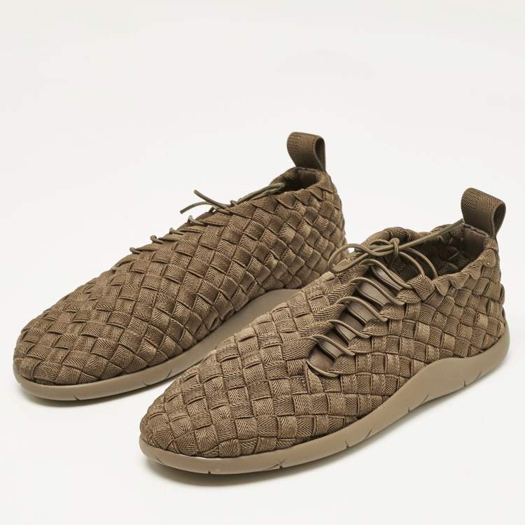Pre Owned Bottega Veneta Olive Green Woven Fabric Elasticated Intrecciato Sneakers Size 41.5