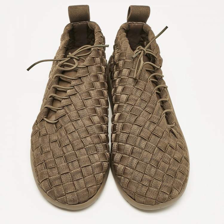 Pre Owned Bottega Veneta Olive Green Woven Fabric Elasticated Intrecciato Sneakers Size 41.5