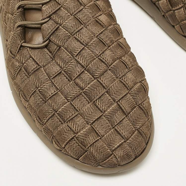 Pre Owned Bottega Veneta Olive Green Woven Fabric Elasticated Intrecciato Sneakers Size 41.5