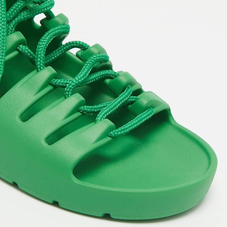 Pre Owned Bottega Veneta Green Rubber Lace Up Flat Sandals Size 41