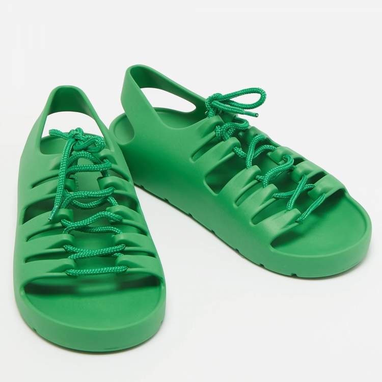Pre Owned Bottega Veneta Green Rubber Lace Up Flat Sandals Size 41